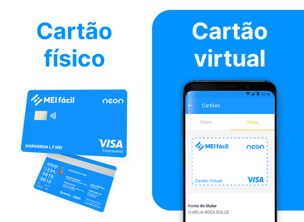 Arte mostrando o cartão físico MEI Fácil ao lado de celular com o cartão virtual