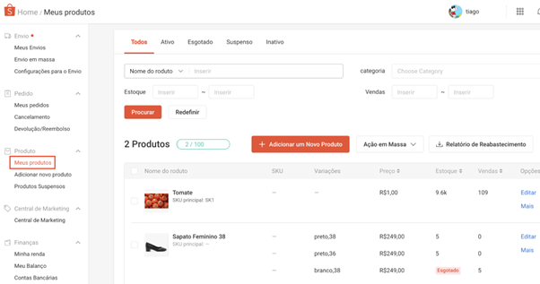 site da shopee na aba de adicione produtos a sua loja