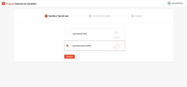 tela de cadastro do cnpj do site da shopee