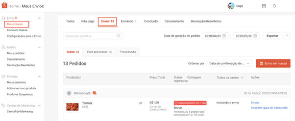 site da shopee envio do primeiro pedido